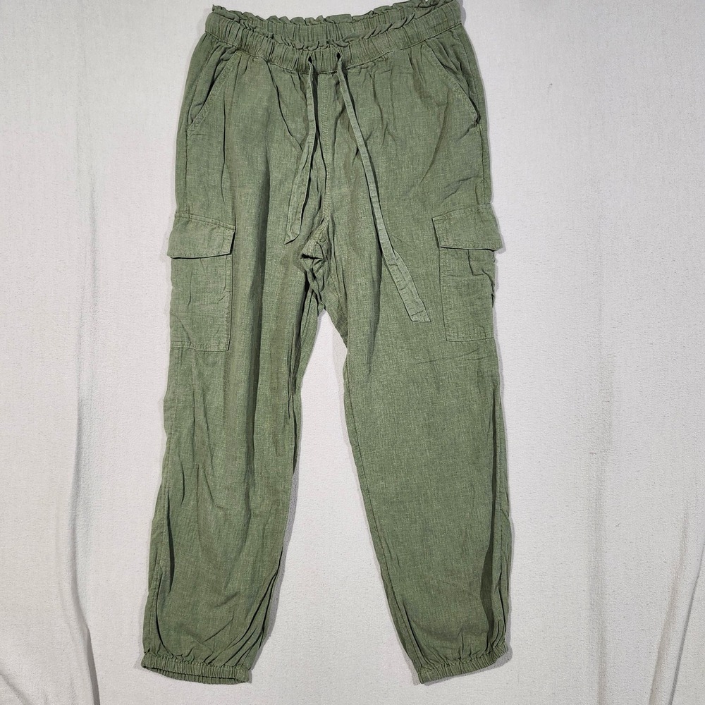 Aerie Women Olive Green Linen Blend Cargo Jogger Pants Paperbag Waist Small Boho